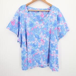 Sleep Sense Top Pajama Shirt Butterfly Print Blue Pink Scoop Neck Size 3X NWT